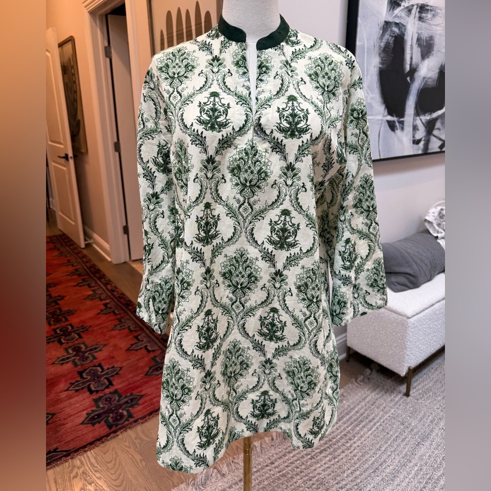 Masons Daughter Tunic Dress in Green & Ivory Trellis - Sz XS